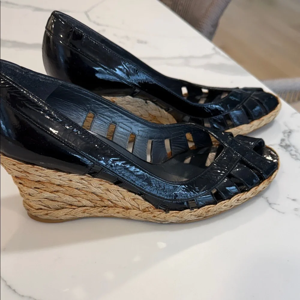 Stuart Weitzman: Black Patent Woven Peep-Toe Espadrille Wedge - Women's - Picture 2 of 5